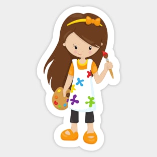 Painter, Paint Artist, Cute Girl, Brown Hair Sticker